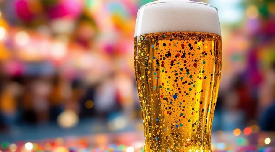 Ein Bier, das mit Konfettis beklebt ist, weil es auf einem Faschingsumzug steht.