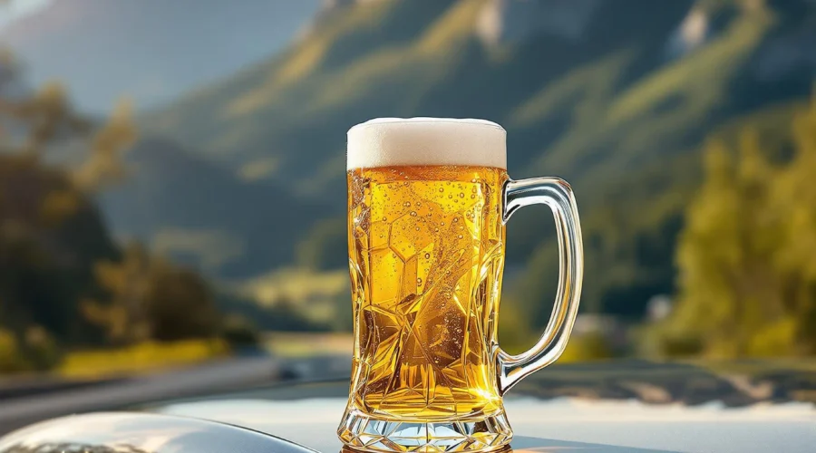 Ein Bier auf einem Autodach mit Bergen im Hintergrund. Das Bild soll das Reisen verdeutlichen.